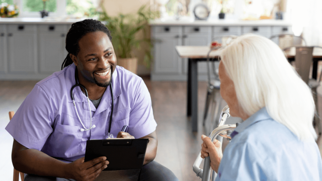 Social Worker counseling patient in a healthcare setting